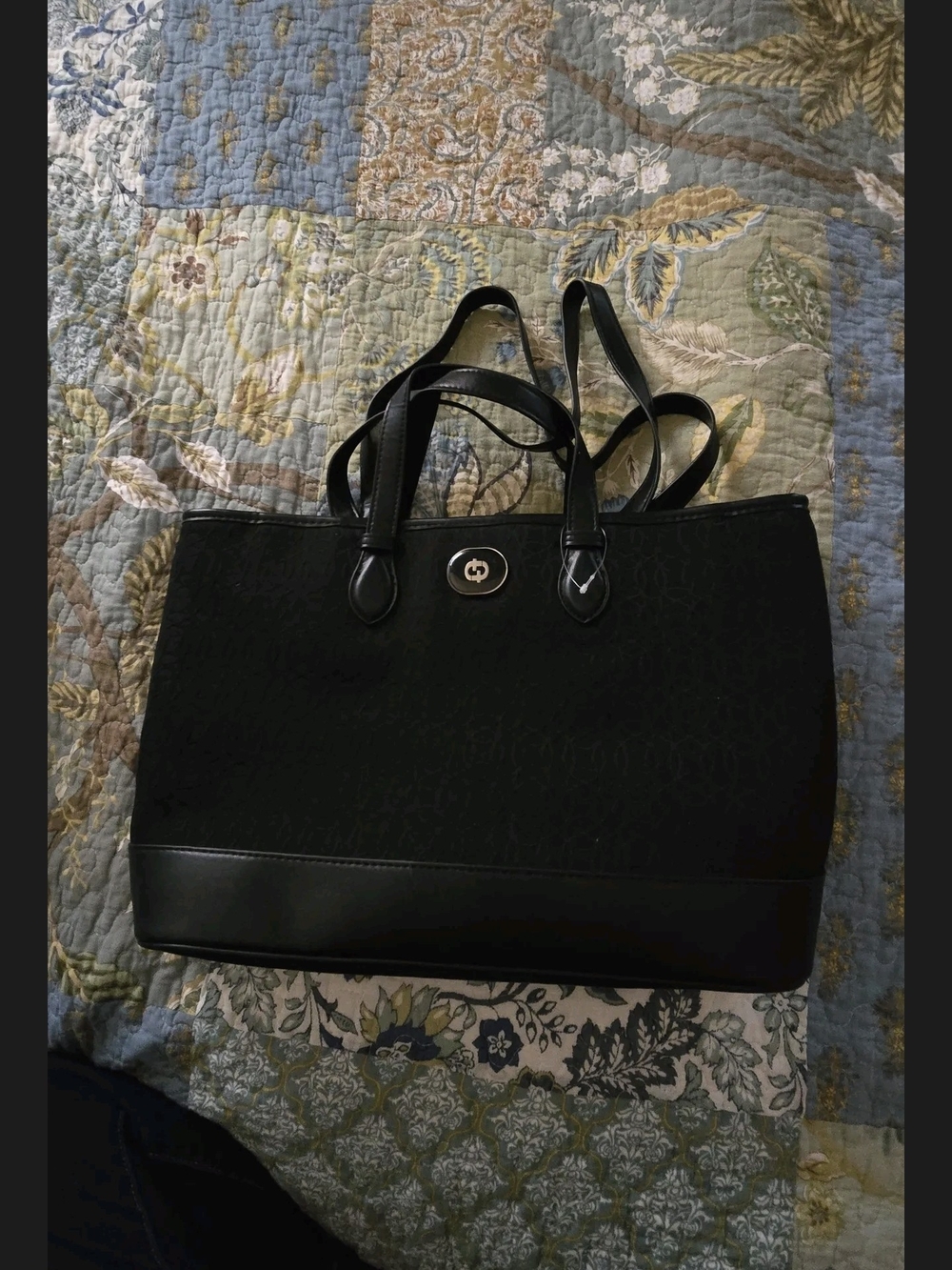 Women's Black Tote Bag with Turn-Lock Accent